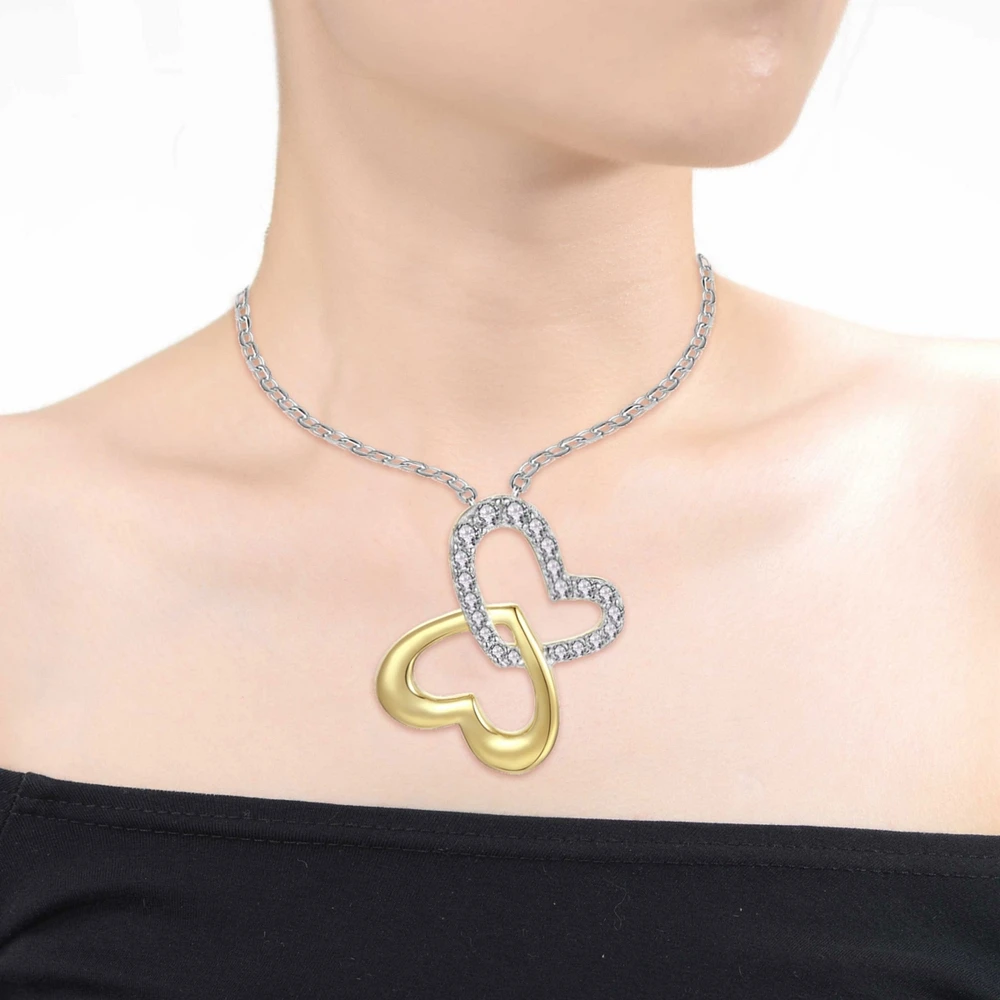14k Yellow Gold Plated with Cubic Zirconia Double Heart Butterfly Pendant Necklace Sterling Silver