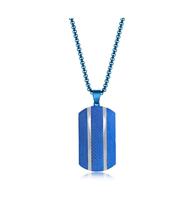 Mens Stainless Steel Blue Textured Silver Double Lined Dog Tag Necklace