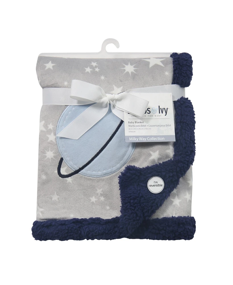 Lambs & Ivy Milky Way Gray/Blue Stars and Planet Minky/Faux Shearling Soft Baby Blanket