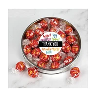 Just Candy Thank You Candy Gift Tin with Milk Chocolate Lindor Truffles by Lindt Large Plastic Tin with Sticker, 24 Pieces