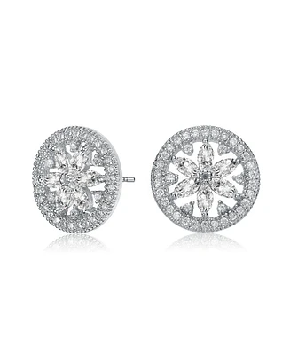 Gv Sterling Silver White Gold Plated Clear Marquise with Round Cubic Zirconia Halo Wreath Earrings