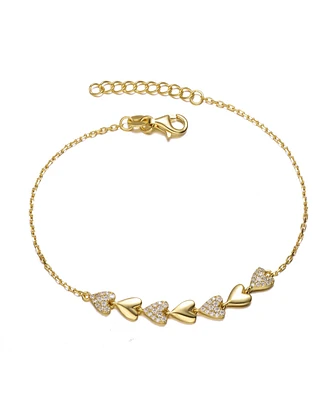Sterling Silver 14k Yellow Gold Plated with Cubic Zirconia Thin Pave Heart Stampato Link Bracelet