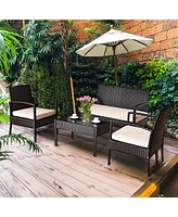 4PCS Patio Rattan Conversation Furniture Set Cushioned Seat