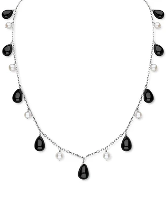 Freshwater Pearl (5-6mm) & Jade Dangling 18" Collar Necklace in Sterling Silver (Also in Onyx)