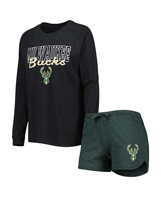 Women's Concepts Sport Heather Black, Heather Hunter Green Milwaukee Bucks Team Raglan Long Sleeve T-shirt and Shorts Sleep Set