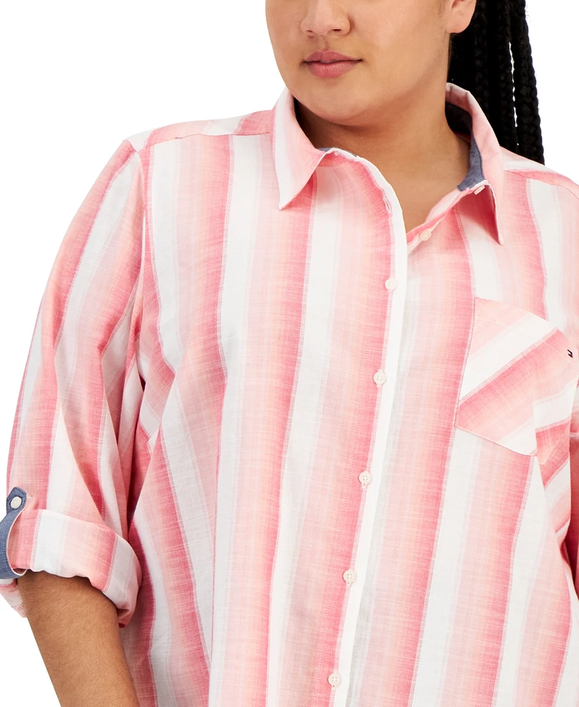 Tommy Hilfiger Plus Cotton Button-Front Roll-Tab Shirt