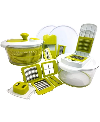MegaChef 10-in-1 Multi-Use Salad Spinning Slicer, Dicer and Chopper with Interchangeable Blades and Storage Lids