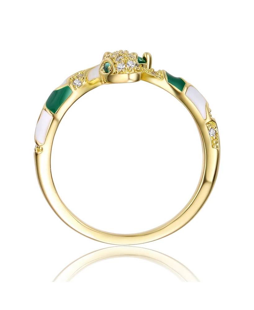 Ra 14k Yellow Gold Plated with Green & Cubic Zirconia Coiled Snake Serpent Open Bypass Cuff Ring