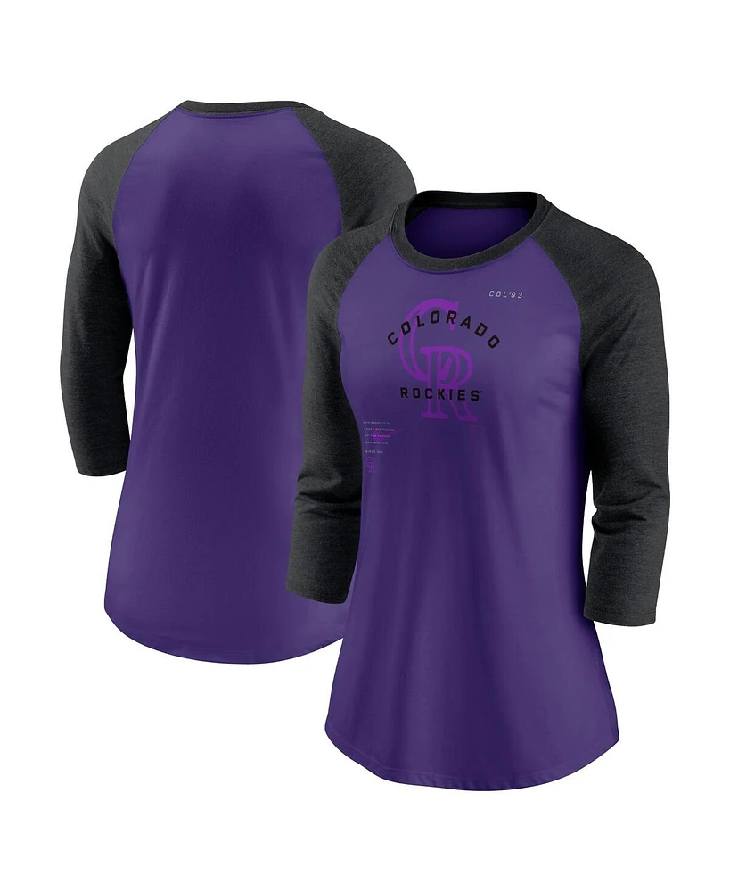 Women's Nike Purple, Black Colorado Rockies Next Up Tri-Blend Raglan 3/4-Sleeve T-shirt