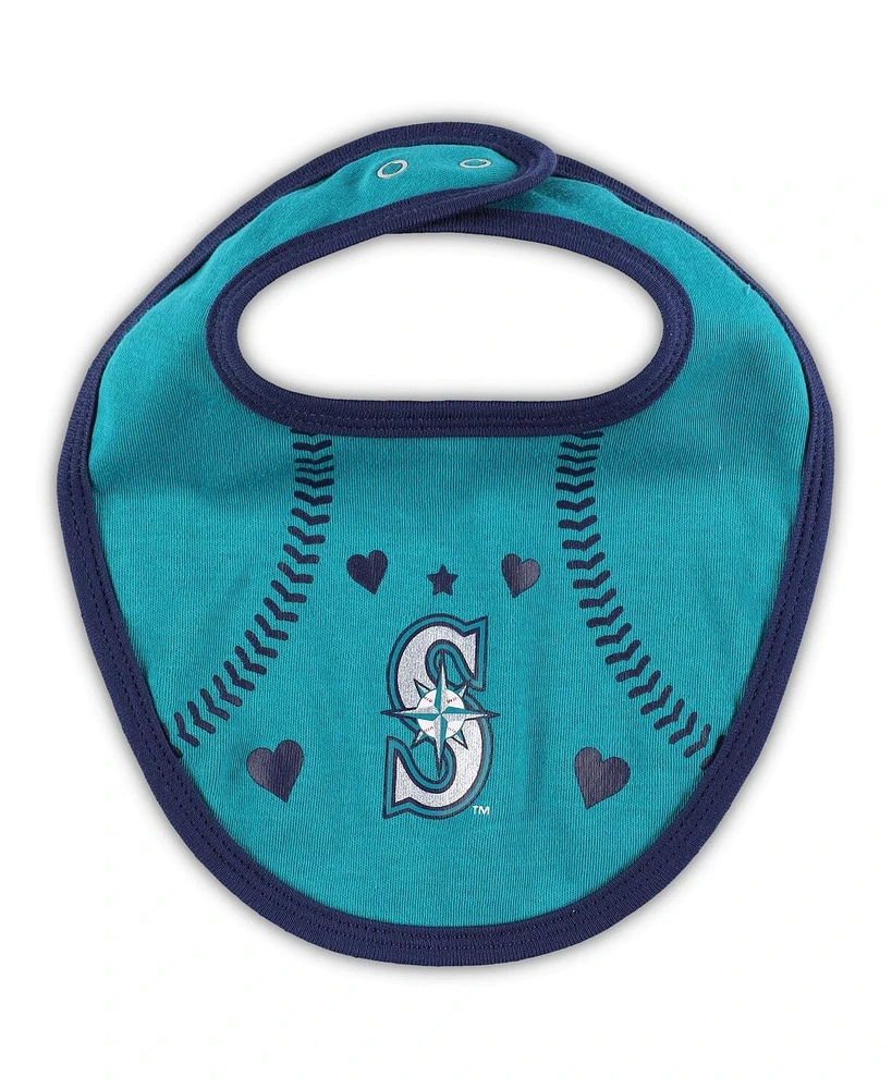 Newborn and Infant Boys Girls Navy, Aqua Seattle Mariners Three-Piece Love of Baseball Bib Bodysuit Booties Set