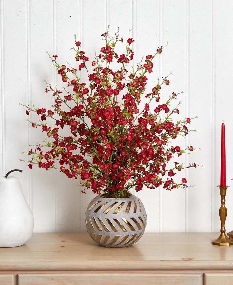 Nearly Natural 30in. Cherry Blossom Artificial Arrangement in Stoneware Vase with Gold Trimming