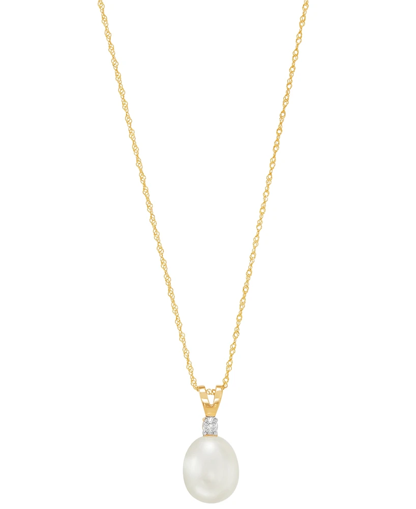 Cultured Freshwater Pearl (8mm) and Diamond Accent Pendant Necklace in 14k Gold