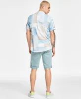 Guess Mens Patchwork Button Down Shirt Mosaic Triangle Logo Graphic T Shirt Regular Fit Stretch Denim Shorts