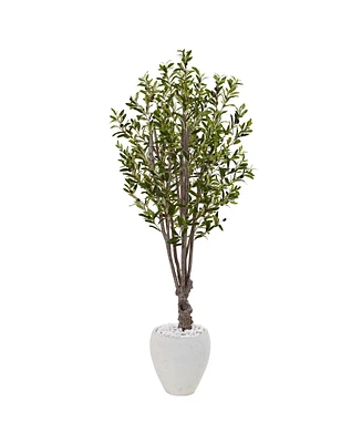 Nearly Natural 5' Olive Artificial Tree in White Oval Planter