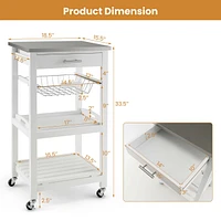 Compact Kitchen Island Cart Rolling Service Trolley with Stainless Steel Top Basket