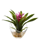 Nearly Natural 8" Tropical Bromeliad Angled Vase Artificial Arrangement