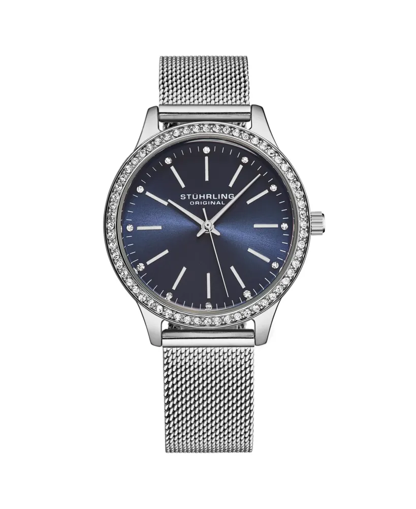 Stuhrling Women's Quartz Crystal Studded Solver Case and Silver Mesh Bracelet, Blue Dial, Silver Hands and Markers Watch