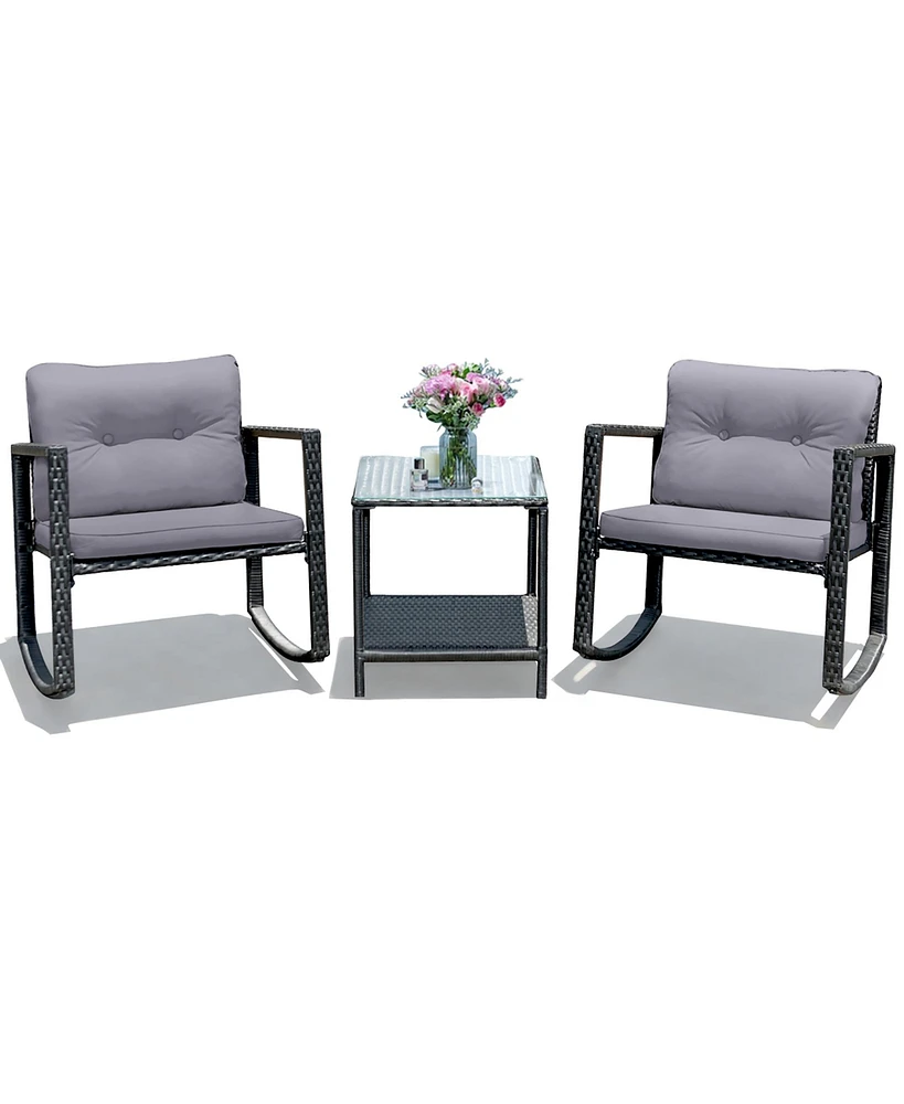 3PC Patio Rattan Conversation Set Rocking Chair Cushioned