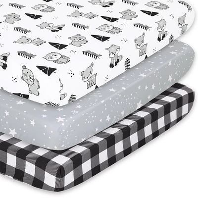 The Peanutshell Pack n Play, Mini Crib, Portable Crib or Fitted Playard Sheets for Baby Boy or Girl, 3 Pack Set, Gray, Black and White Woodland