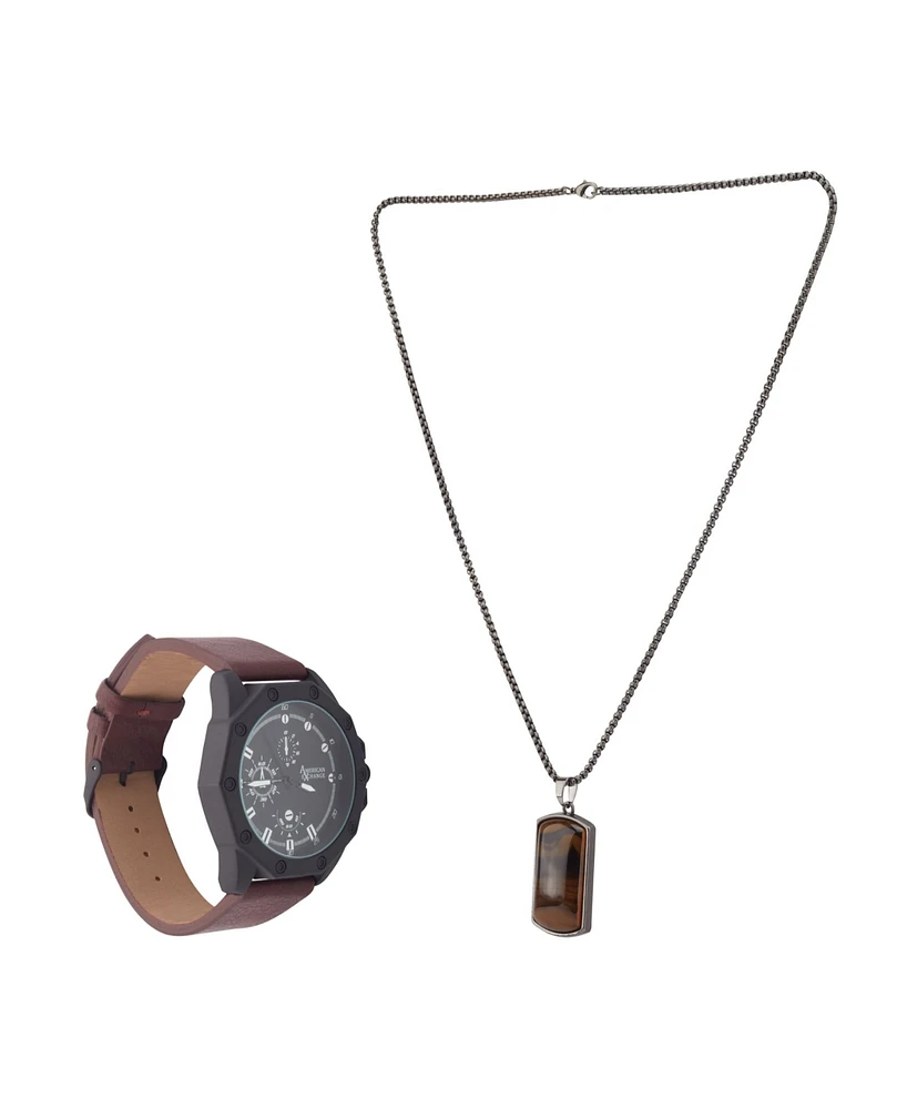 American Exchange Men's Analog, Three-Hand Quartz Matte Brown Leather Strap Watch 48mm Gift Set