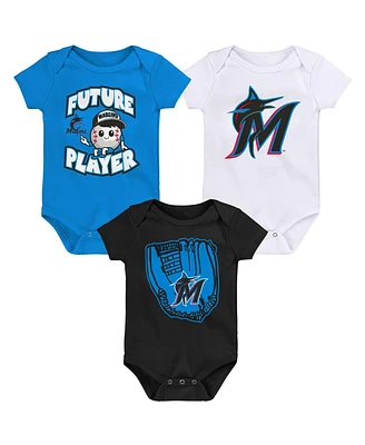 Newborn and Infant Boys and Girls Blue, Black, White Miami Marlins Minor League Player Three-Pack Bodysuit Set