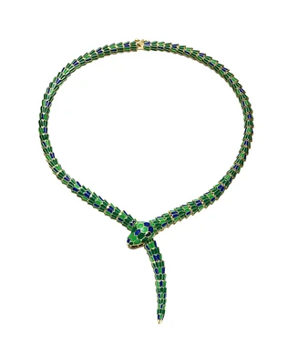 Rachel Glauber Enchanting Green Cubic Zirconia Snake Collar Necklace in 14k Yellow Gold Plating with Blue & Green Enamel