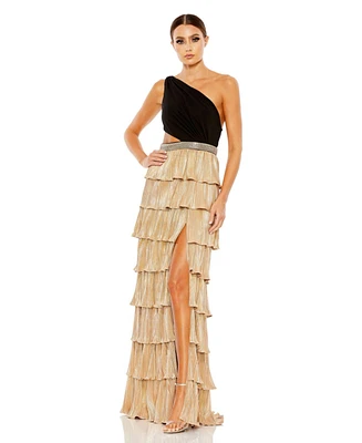 Mac Duggal Women's Ieena Metallic One Shoulder Ruffle Tiered Gown