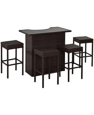 Outsunny 5PC Rat Wicker Bar Set Bistro Patio Backyard Table&2 Stool Garden Furniture