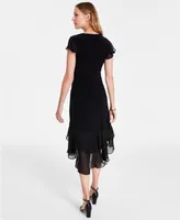 Tommy Hilfiger Women's V-Neck Chiffon-Trim Midi Dress with Flutter Sleeves