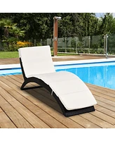 Outsunny Patio Foldable Wicker Chaise Lounge, Pe Rattan Outdoor Lounge Chair, Recliner Bed with Cushion for Garden, Backyard, Lawn, Beige