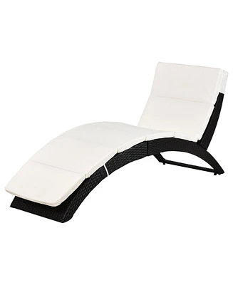 Outsunny Patio Foldable Wicker Chaise Lounge, Pe Rattan Outdoor Lounge Chair, Recliner Bed with Cushion for Garden, Backyard, Lawn, Beige