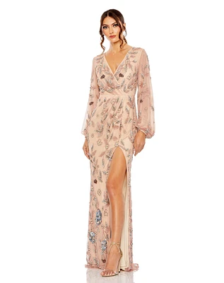 Mac Duggal Women's Long Sleeve Floral Beaded V Neck Gown w/ Slit
