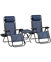 Outsunny 3-Piece Outdoor Chaise Lounger Chair Set, Folding Reclining Zero Gravity Chair with Side Table, Cup Holder and Headrest for Patio, Yard, Beac