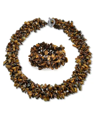 Bling Jewelry Large Natural Stones Cluster Multi Strand Collar Necklace & Stretch Bracelet Set