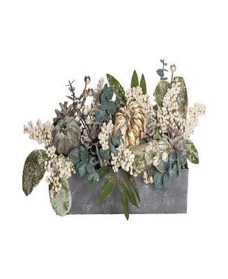 10.25" Neutral Colored Pumpkin and Leaves Fall Harvest Floral Arrangement
