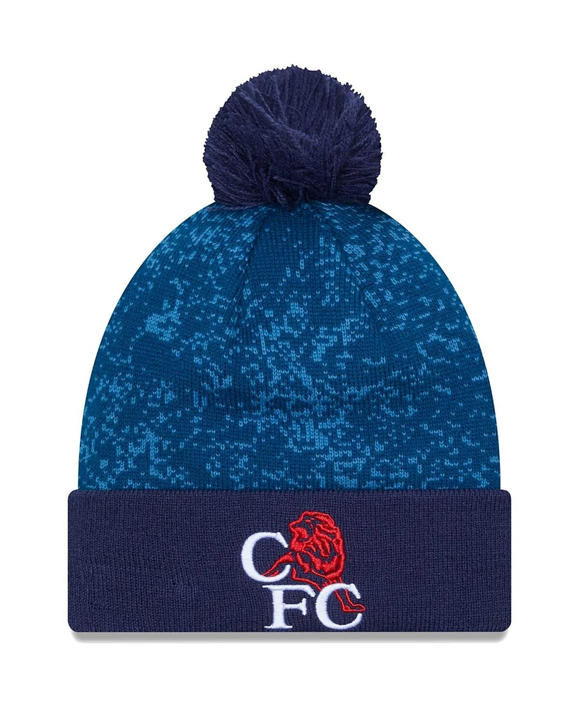 Men's New Era Blue Chelsea Retro Allover Print Cuffed Knit Hat with Pom