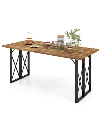 Costway 67'' Patio Rectangle Table Heavy-Duty Acacia Wood Dining Table with Umbrella Hole