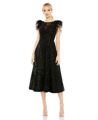 Mac Duggal Women's Feather Shoulder Embellished Dress