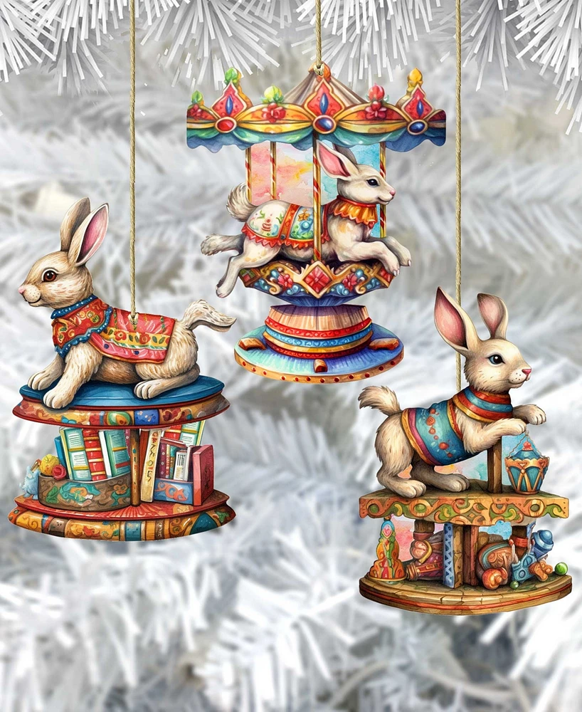 Designocracy Carousel Bunnies Christmas Wooden Ornaments Holiday Decor Set of 3 G. DeBrekht