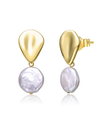 Sterling Silver 14k Yellow Gold Plated with White Coin Freshwater Pearl Raindrop Double Dangle Drop Earrings