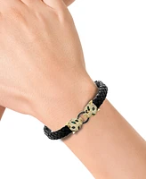 Effy White Diamond & Black Diamond (7/8 ct. t.w.) & Emerald (1/20 ct. t.w.) Panther Head Leather Bracelet in 14k Gold