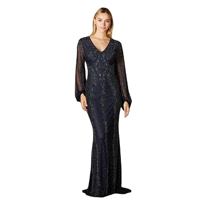 Lara Women's Long Sleeve Beaded Gown