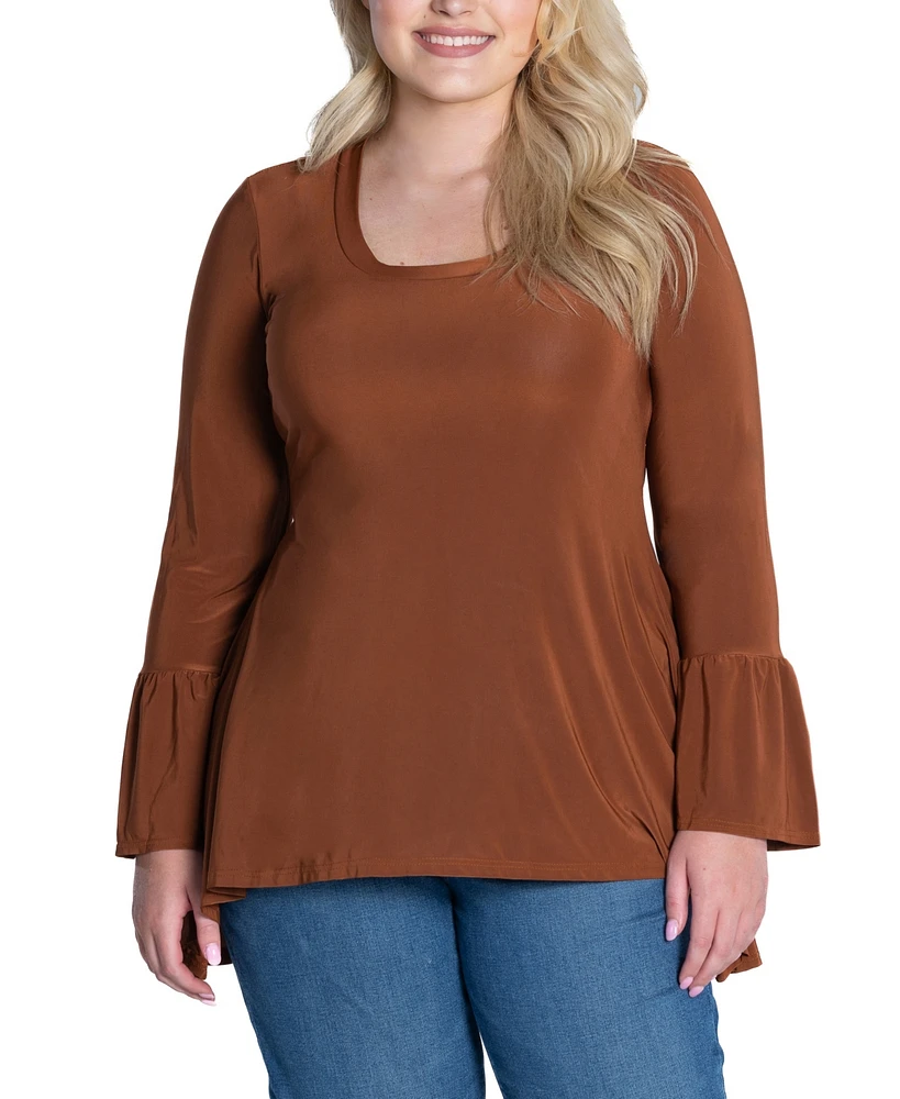 24seven Comfort Apparel Plus Long Bell Sleeve High Low Tunic Top
