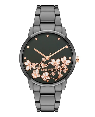 Nine West Women's Quartz Dark Gray Alloy Link Bracelet and Floral Pattern Watch, 35mm