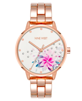 Nine West Women's Quartz Rose Gold-Tone Alloy Link Bracelet and Floral Pattern Watch, 36mm