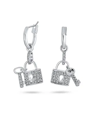 Bling Jewelry Pave Crystal Lock And Key Charm Dangle Earrings Couples Rhodium Plated Brass