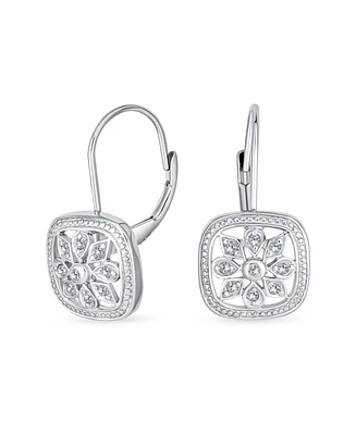Bling Jewelry Square Art Deco Style Holiday Party Flower Christmas Winter Cubic Zirconia Encrusted Cz Snowflake Drop Lever Back Earrings Sterling Silv