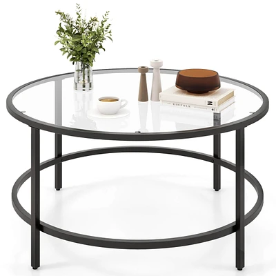 36'' Round Coffee Table Tempered Glass Tabletop Metal Frame Living Room