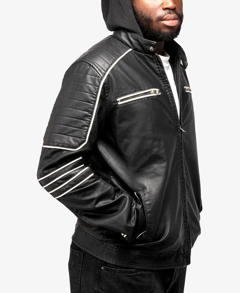 X-Ray Men's Grainy Polyurethane Moto Jacket with Hood and Faux Shearling Lining