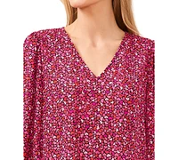 CeCe Women's Heart-Print Long-Sleeve Smocked-Cuff Blouse